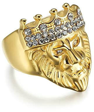 Dsnyu Ringe für Paar, Gold Verlobungsringe, König Löwen Edelstahl Ringe Herren für Vater Größe 62 (19.7)