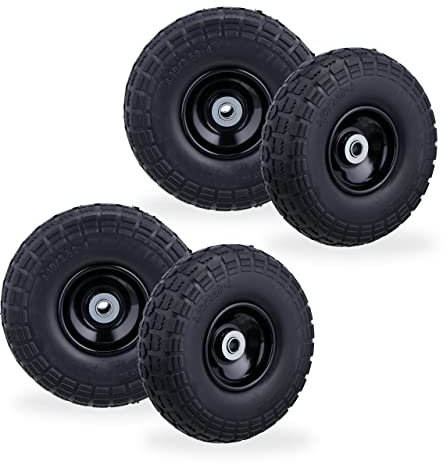 Relaxdays Roue de Diable, Lot de 4, en Caoutchouc, 260x85 mm, increvables, 16 mm, 4.1/3.5-4 essieu, jusqu'à 150 kg, Noir