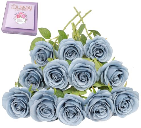 JUSMAI Künstliche Rosen, Rosen, Seidenrosen, mit langen Stielen, künstliche Blumen für Hochzeit, Blumenstrauß, Tafeldekoration, Party, Braut, Babyparty, Heimdekoration, 12 Stück