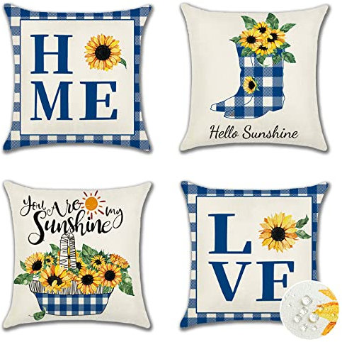 Ohok Wasserdicht Kissenbezug 45x45 cm, 4er Set Dekorativ Outdoor Kissenhülle Deko Sofakissen Couchkissen Zierkissenbezüge für Sofa Wohnzimmer Balkon Garten Auto (Plaid Sonnenblume)