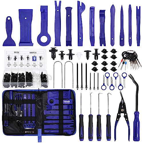Birshe 158 Pièces Outils De DéMontage De Garnitures Trousse, Outils Demontage Garniture Auto avec Rivet Clips Plastique et Bandes de Câble pour Voiture Porte Panneau Tableau de Bord (Bleu)