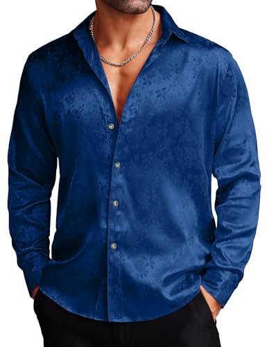 COOFANDY Men's Silk Satin Dress Shirts Long Sleeve Jacquard Floral Button Up Formal Shirts Party Prom Wedding Shirt Blue XL