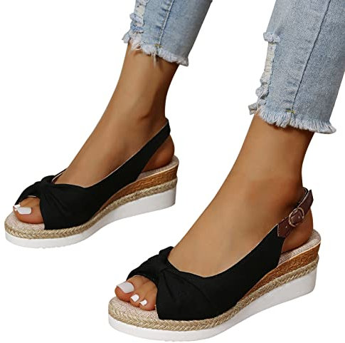 DUJEFF Sandalen Damen Sommer,Sandaletten Damen Plateau Keilabsatz Sandale Schleife Schuhe Riemchen Sandaletten Fischmaul Peep Toe Sommerschuhe Sommer Casual Abendschuhe Strandschuhe Freizeitschuhe