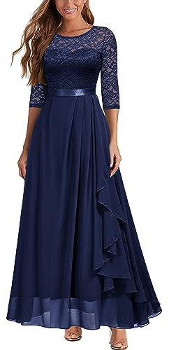 MIUSOL Women's Vintage Floral Lace Half Sleeves Ruffles Trim Bridesmaids Party Gown Formal Maxi Dress (XX-Large, Navy Blue)
