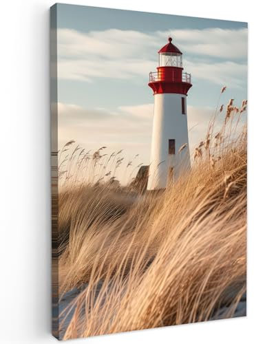 MuchoWow© Bild auf Leinwand 60x90 cm Schlafzimmer Bilder Wand Deko Wohnzimmer Modern Wanddeko Bilderwand Geschenk Maritime - Leuchtturm - Gras - Dünen - Meer - Natur - Maritim