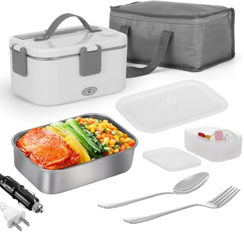 Aoresac Electric Lunch Box 3 in 1 80W Food Heater 1.5 L Stainless Steel Removable Portable Lunch Box 12 V/24 V/220 V Portable Electric Tin for Car, Truck, Office with Insulated Bag