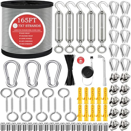 AFences 1/8 Stainless Steel Cable,1/8 Wire Rope,M5 Turnbuckle Kit,165FT Wire Tensioner for String Light Hanging Kit,Aircraft Cable,Guy Wire,Stainless Steel Wire Rope Kit