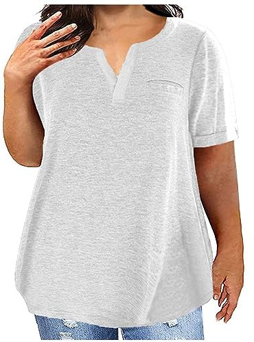 AMDOLE Damen-Top, V-Ausschnitt, modisch, einfarbig, kurzärmelig, Tasche, lockeres T-Shirt, Tunika, Tops für Frauen, weiß, L