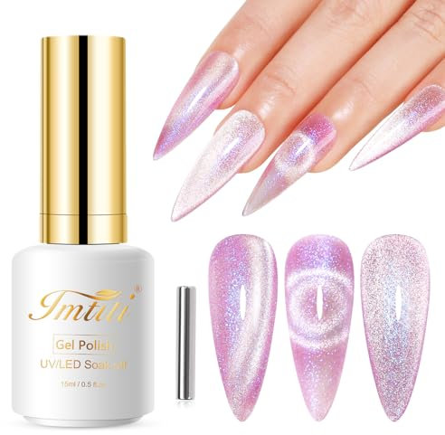 Imtiti Cat Eye Gel Nail Polish, 15ML Pink Holographic Glitter, Magnet UV LED Magnetic Gel Nail Polish Crystal Galaxy Sparkly Home DIY Manicure Nail Salon Kit