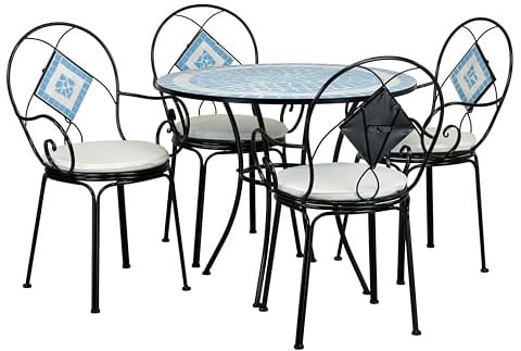 Totò Piccinni Set completo di Tavolo e 4 Poltrone con cuscino e con MOSAICO struttura in metallo con decoro in terracotta (POSITANO)