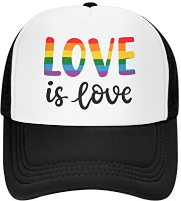 Fxuyyok LGBTQ Trucker-Mütze, verstellbar, Netzstoff, Gay Pride, Regenbogen-Baseballkappe, Outdoor-Angelmütze für Damen und Herren, Love is Love, One size