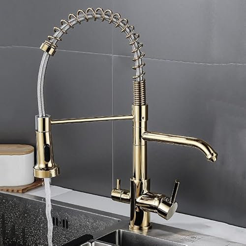 ZYCDP 3 Wege Küchenarmatur WasserFilter Wasserhahn mit Osmoseanlage, 360° Schwenkbar, 3 Wege Filter Osmose Wasserhahn Küche Ausziehbar, Gold