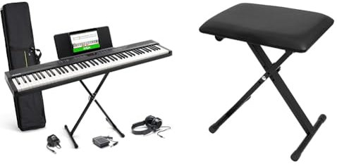 Alesis Clavier piano 88 touches avec 480 sons, haut-parleurs, MIDI USB, sac de transport, support & CASCHA Banc de Clavier réglable en Hauteur I Tabouret de Piano Pliable I Banc de Piano rembourré
