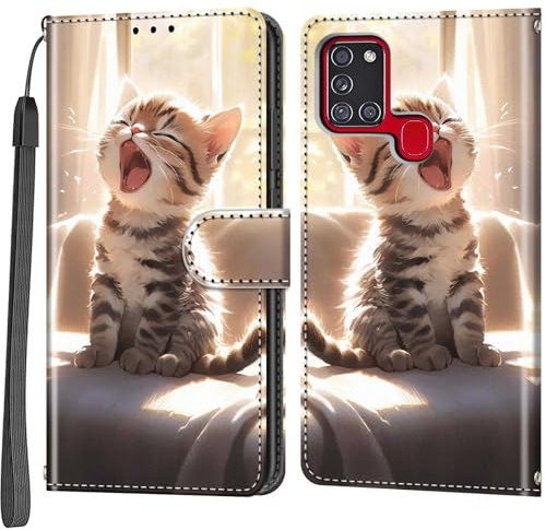 Handyhülle für Samsung Galaxy A21s Hülle, Glückliche Katze | Magnetische, Stoßfeste Faltbar Klapphülle, Standfunktion, Kartenfächern, Geldbeutel, PU Lederhülle, Handytasche