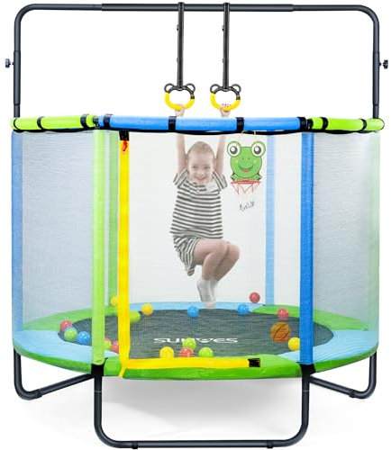 Pukomc Toddler Trampoline for Kids - 5ft Trampoline with Enclosure Net, Basketball Hoop, Foam Pole Covers, Adjustable Gymnastics Bars
