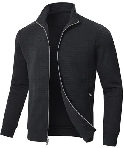 Huayuzh Jacke Herren übergangsjacke Winter Karierten Jacquard Alltag Freizeit Leicht Jacken mit Reißverschlusstasche Schwarz XXL