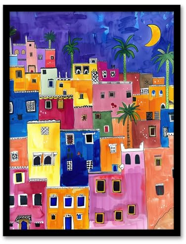 Artery8 Colourful Moroccan Cityscape At Night Watercolour Living Room Art Print Framed Poster Wall Decor 12x16 inch