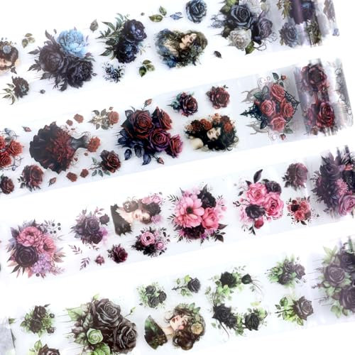 EASYKEENECOM Washi Tape Set 4 Rollen, Vintage Blumen PET Tapes Transparente Aufkleber für Scrapbooking, Journaling, Bullet Journals, Planner, Mobiltelefone, Fotoalben DIY