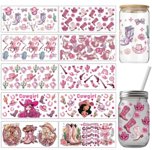 arricraft 10 Blatt Pink Cowgirl UV DTF Cup Wrap 10 Stile Stiefel Hufeisen Bullenschädel Regenbogen Rubbelbilder Zum Aufreiben Wasserfestes PVC Papier Abziehbilder Zum Selbermachen 16OZ Glas Tassen