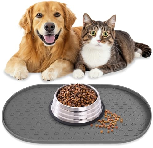 AVYDIIF Napfunterlage Hund Katzen, rutschfeste Futtermatte Silikon für Hundenapf Katzennapf, 100% wasserdichte Haustierfutter Matte mit Erhöhten Rändern, Spülmaschinenfest (Grau, M: 48 * 30cm)