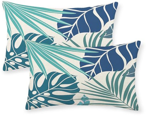 Lot de 2 housses de coussin tropicales 30,5 x 50,8 cm, bleu marine, turquoise, bleu sarcelle, feuille de palmier Monstera, décorations d'été, coussins décoratifs en lin avec plantes botaniques pour la
