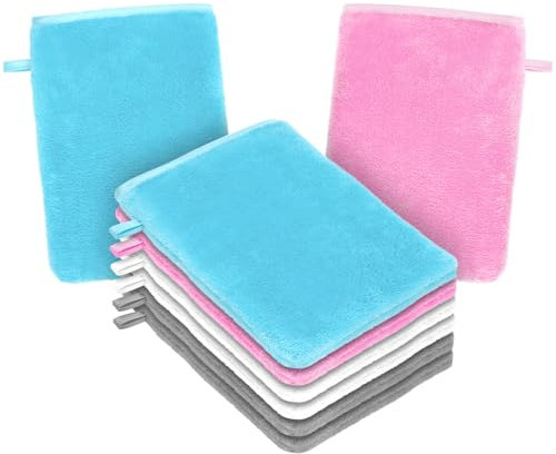 HOTUT Manoplas de Baño Guantes para Lavarse, Juego de 8 Guantes de Baño de 15 x 20 cm, Manoplas con Cordón, Microfibra Premium, Ternura, Gris, Blanco, Azul, Rosa