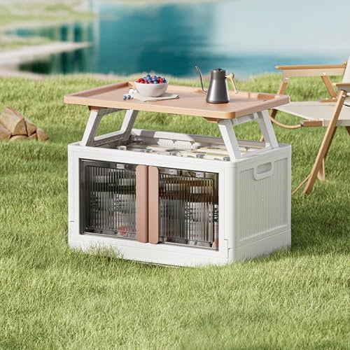 Warmiehomy Folding Camping Storage Cupboard Portable Camping Kitchen Unit Storage Box Table 2 in 1 for Outdoor Indoor,Brown,64x40x54cm