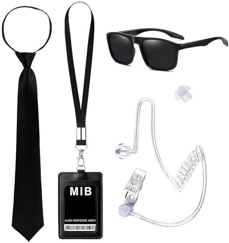 SEFIRST 5 Stück Agent Kostüm Zubehör, Geheimdienst Kostüm Set, Geheimagent Kostüm, Spion Kostüm Zubehör mit Schwarz Sonnenbrille Zip Krawatte Hörer ID Karte für Männer Frauen Kinder für Cosplay Party