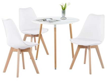 LafeuR Essgruppen Esstisch mit 3 Stühlen Esszimmergruppe, 80cm Rund Küchentisch und 3er Set Esszimmerstühle Sitzgruppe für Wohnzimmer Büro Küche(Weiß Tisch+3 Weiß Stühle)