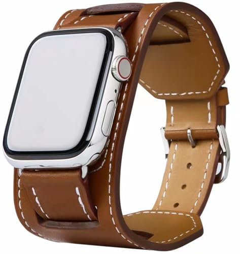 VZEXJIU Cuff Armband Kompatibel mit Apple Watch Armbänder 49mm 46mm 45mm 44mm 42mm (Series 3) Herren Damen,Echtes Leder Ersatzarmband für iWatch Series 10 9 8 7 6 5 4 3 SE Ultra,Braun