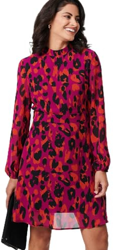Izabel London Animal Print Tie Waist Mini Skater Dress for Women UK with a high Neck and Long Sleeves. Purple