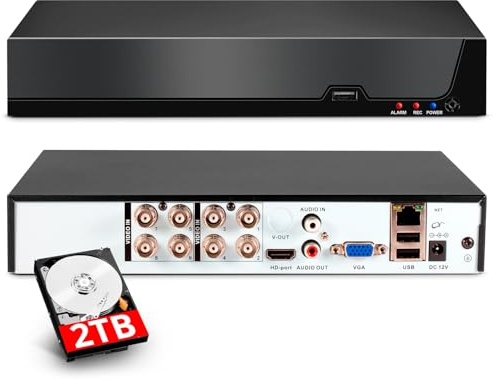 KERUI 3K/5MP Lite 6 en 1 Grabador DVR 8 Canales con Detección de Personas para Sistemas de Cámaras de Seguridad Analog/XVI AHD TVI CVBS CVI IP en Interiores y Exteriores, H.265+ Disco Duro 2TB