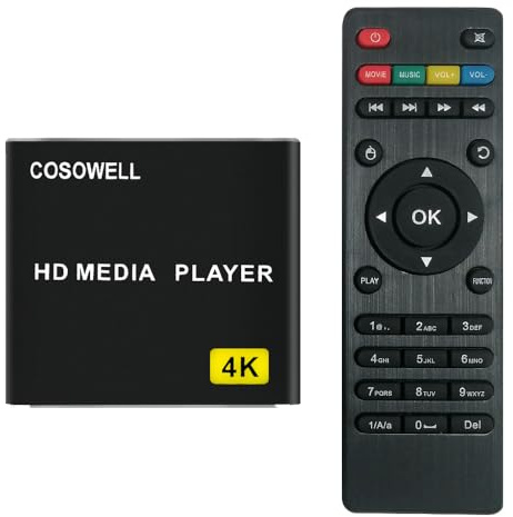 COSOWELL 4K Media Player for USB Drive & SD, Ultra HD Digital Signage Player with HDMI/AV Output, H.265 H.264 MKV MP4 Video, MP3 Music, JPG Photo, Auto Play & Resume, Loop Playback