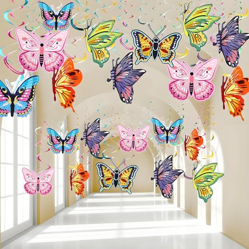 24 Stück Schmetterling Hängende Wirbel Geburtstag Deko Bunte Fliegende Schmetterlinge Papier Frühling Party Dekoration für Sommer Ostern Kindergeburtstag Hochzeit Babyparty