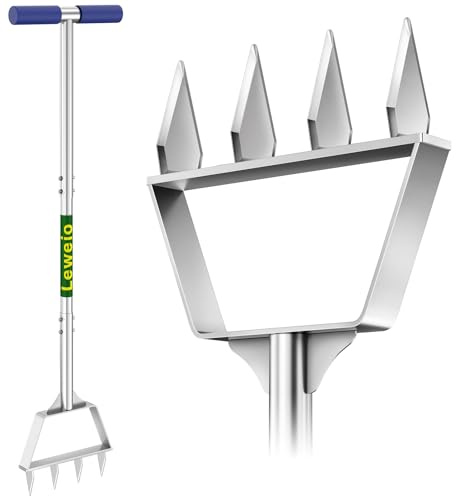 Leweio Manual Lawn Aerator Spike Tool, Semi-Assembled, Non-Clogging Spike Aerator with 4 Steel Spikes, Ergonomic Handle & Reinforced Welding for Compacted Soil Aerating & Yard Aeration - Green