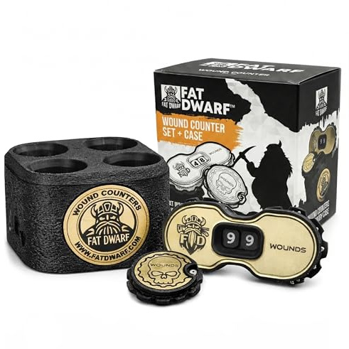 Fat Dwarf Tabletop Wound Counter Set, 12 Premium Counters (8 Single + 4 Double), Magnetised Storage Case, Multiple Colours Available, Compatible with Warhammer, D&D and Pathfinder (Gold)