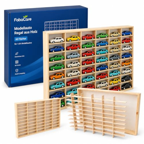 FabaCare Modellauto Regal aus Holz Setzkasten mit 60 Fächern zur Aufbewahrung von Spielzeugautos | Wand- oder Standregal für das Kinderzimmer & Sammler
