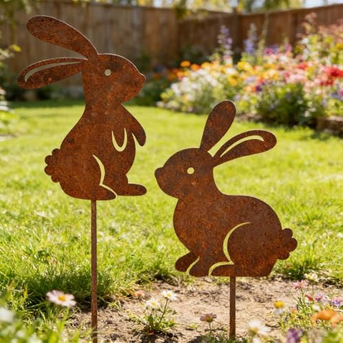 Generisch 2er Edelrost Hase Gartenstecker, Gartenstecker Hasen Deko Rost, Wetterfest Osterhasen Gartendeko, Edelrost Deko für Ostern, Rost Baumstecker, Rosthase Osterdeko für Garten und Balkon