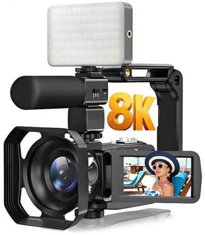 Denash Cámara de Vídeo 8K, Videocámara HD de 64 MP con Pantalla Táctil de 3,0, Zoom Digital de 18x y Estabilización de 6 Ejes, Cámara Vlogging con Micrófono para Fotografía