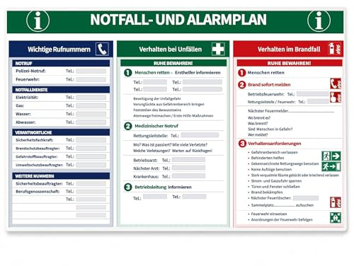 Cartello di emergenza e piano di allarme, 600 x 400 mm, con numeri di chiamata di emergenza scrivibili, comportamento in caso di incidenti e incendi, in PVC duro, per ufficio, officina, scuola, studi