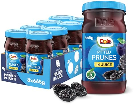 DOLE Pitted Prunes In Juice Jar 8x665g Fruit Pieces in Fruit Juice | No added Sugar , Perfect for Snack or Topping, Reasealble jar, Ideal for Breakfast