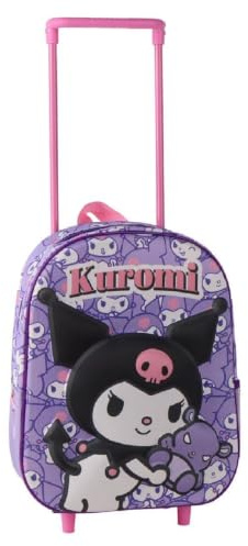 Kuromi Hello Kitty Kinderrucksack mit Rollen, 3D-Schultrolley aus Eva, Violett, mit rosafarbenem Teleskopgriff, Front- und Seitentasche, offizielles Lizenzprodukt, Schulbeginn