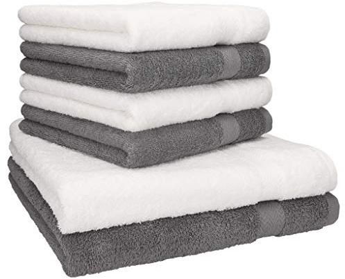 Betz 6-TLG. Handtuchset Premium - weiß 9000 - anthrazit 9522 Qualität 470 g/m², 1 Duschtuch 70 x 140 cm weiß & anthrazit, 2 Handtücher 50 x 100 cm weiß & anthrazit
