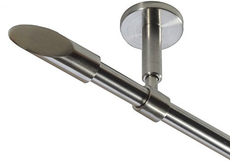BASIT Gardinenstange Edelstahllook 16mm 1-läufig Decke Wand 120cm lang D11 | Gardinenstangenset einläufig Deckenmontage & Wandmontage Metall Vorhangstange 120-600cm wählbar Kappe Schräge E15