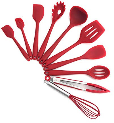 TFENG 10 Stücke Kochgeschirr Sets, Edelstahl und Silikon Schöpflöffel Kochen Besteck,Rot
