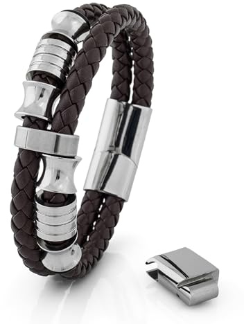 Akitsune Gracilitas Lederarmband | Armschmuck Damen Edelstahl Magnetisches Herrenarmband - Silber - Braun 18cm
