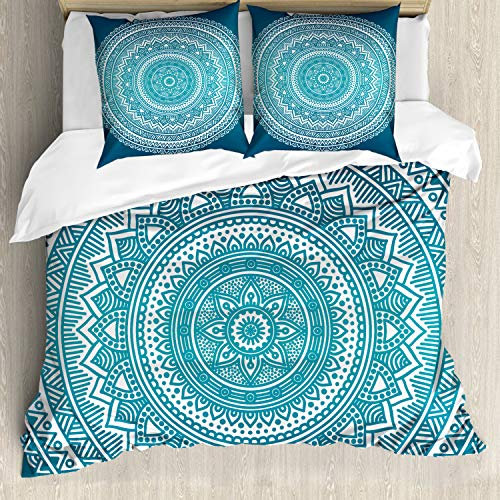 ABAKUHAUS Mandala Bettbezugs Set Für Doppelbetten, Sternen Himmel Blume Kunst, Milbensicher Allergiker geeignet mit Kissenbezügen, Dunkel türkis Dunkel Seafoam