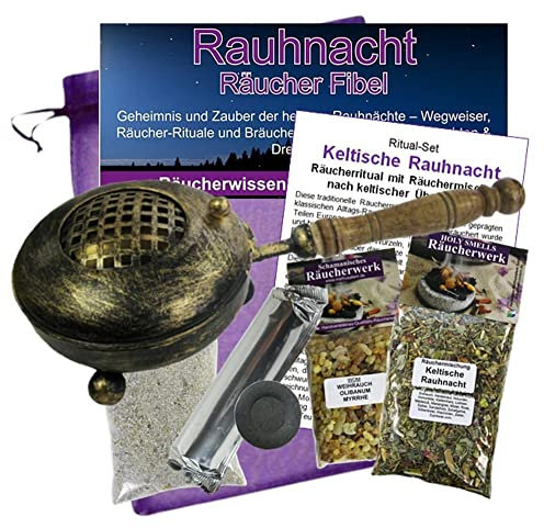 Rauhnächte 9-TLG Räucher Ritual-Set - XL Räucherpfanne & Räucherwerk zum räuchern mit KELTISCHE RAUHNACHT Räuchermischung, Weihrauch & Myrrhe. Mit Räucherzubehör, Rauhnachtfibel. 81143-PG12