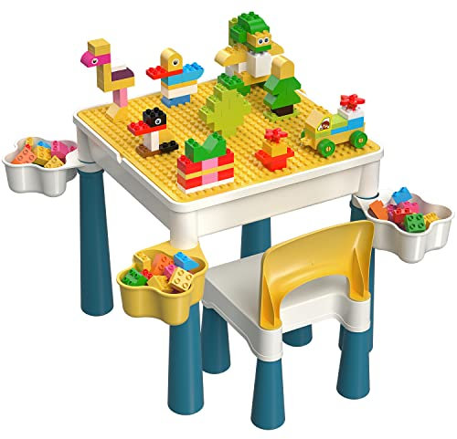 burgkidz Kindertisch mit Stühle, Kinder Spieltisch mit 1 Stuhl und 130 Stück Großen Bausteinen, Kreativen Konstruktionsspielzeug für Jungen und Mädchen ab 2 Jahren, Macaron