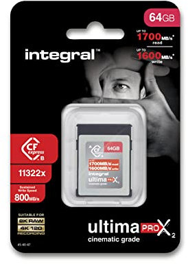 Integral Carte mémoire 64 Go CFexpress Type B 2.0 8K RAW et 4K 120 FPS 1700MB/s Lecture 1600MB/s Vitesse d'écriture Conçue pour Le cinéaste et Le Photographe Professionnel Noir